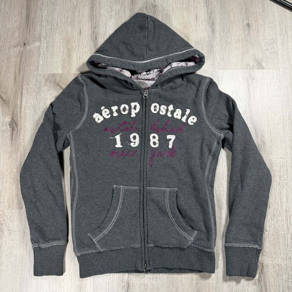 Womens Y2K Aeropostale 1987 New York Full-Zip Hoodie Patterned Lined Hood Small